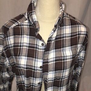 Croft & Barrow Flannel Long Sleeve Plaid Shirt | Brown & Gray | Size S